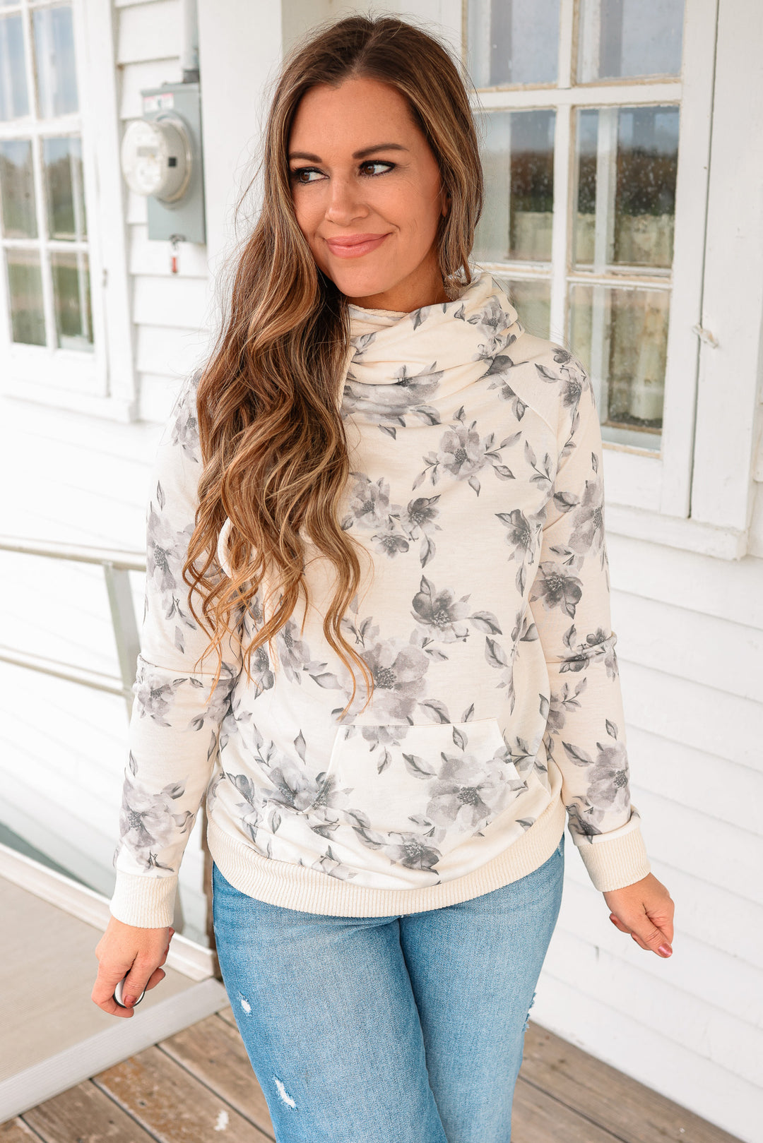 Jada Floral Print Cowl Neck Hooded Top - Cream Charcoal