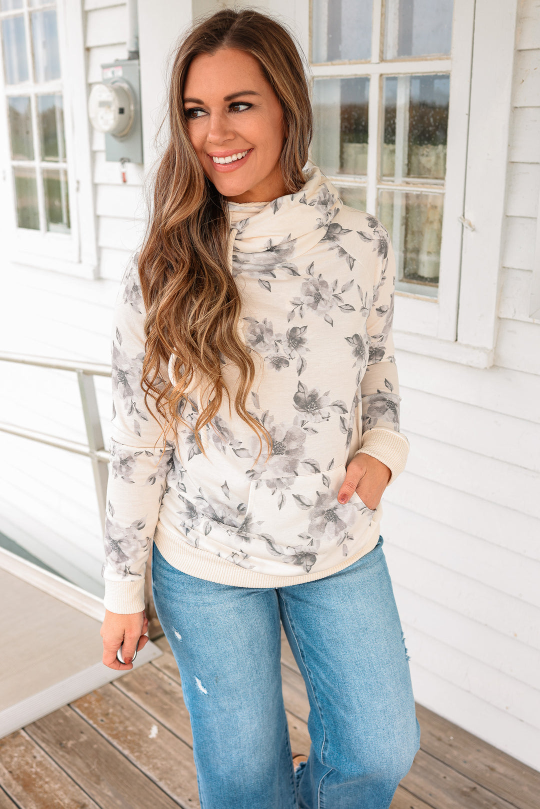 Jada Floral Print Cowl Neck Hooded Top - Cream Charcoal