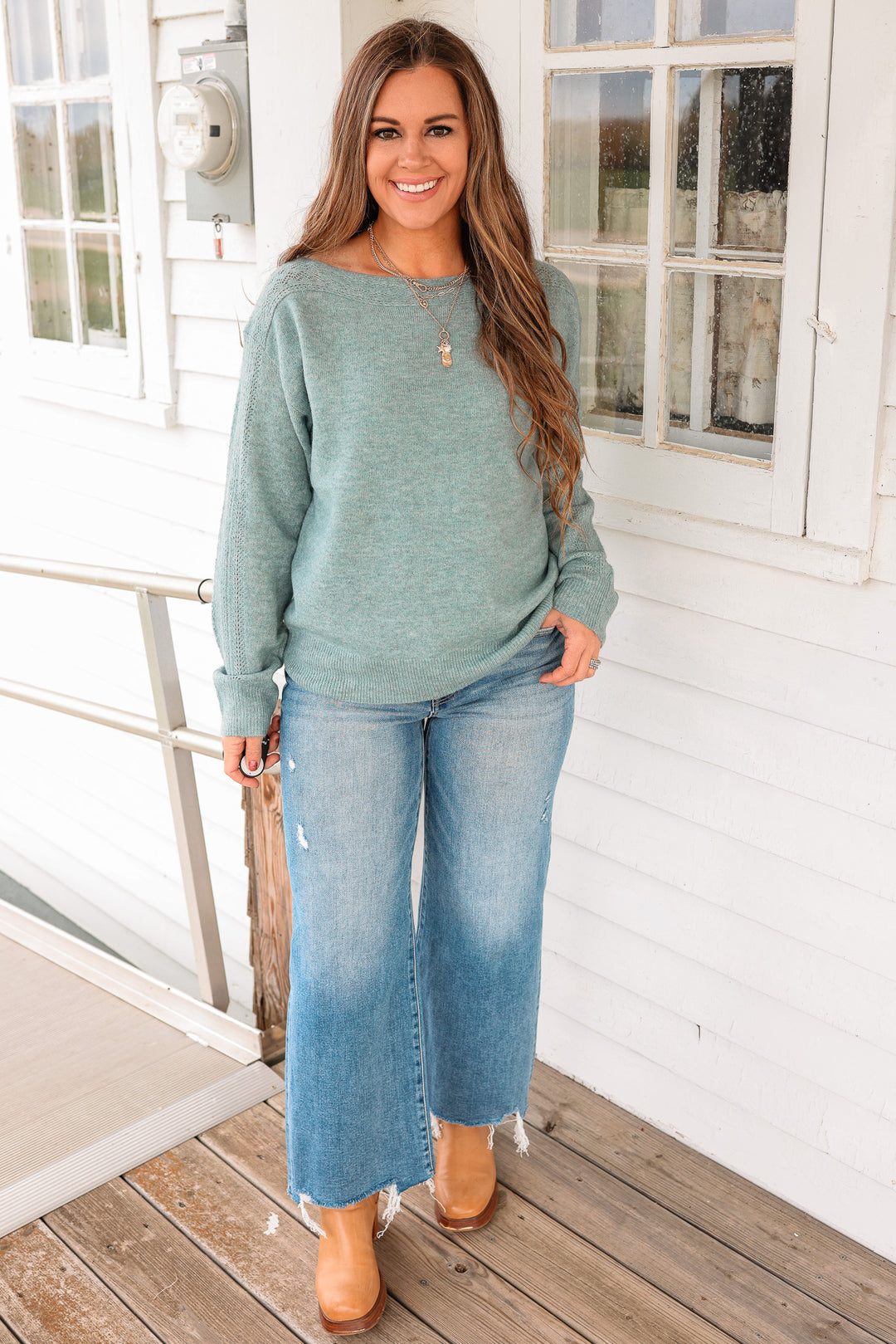 Gemma Boatneck Lace Detail Sweater - Sea Green