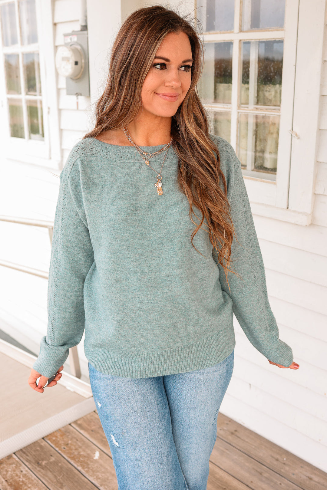 Gemma Boatneck Lace Detail Sweater - Sea Green