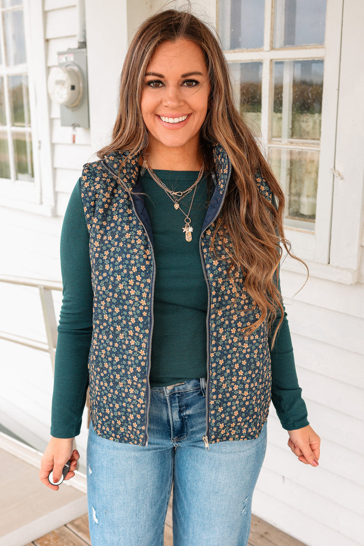 Carlyn Floral Corduroy Vest - Navy