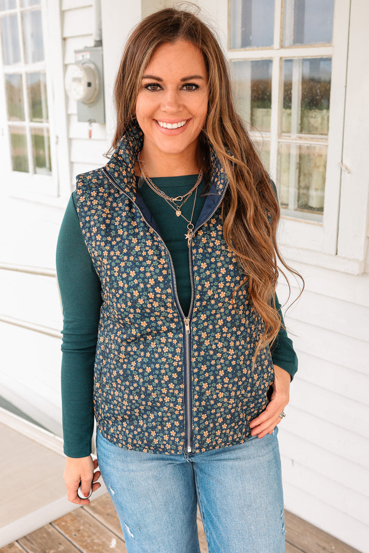 Carlyn Floral Corduroy Vest - Navy