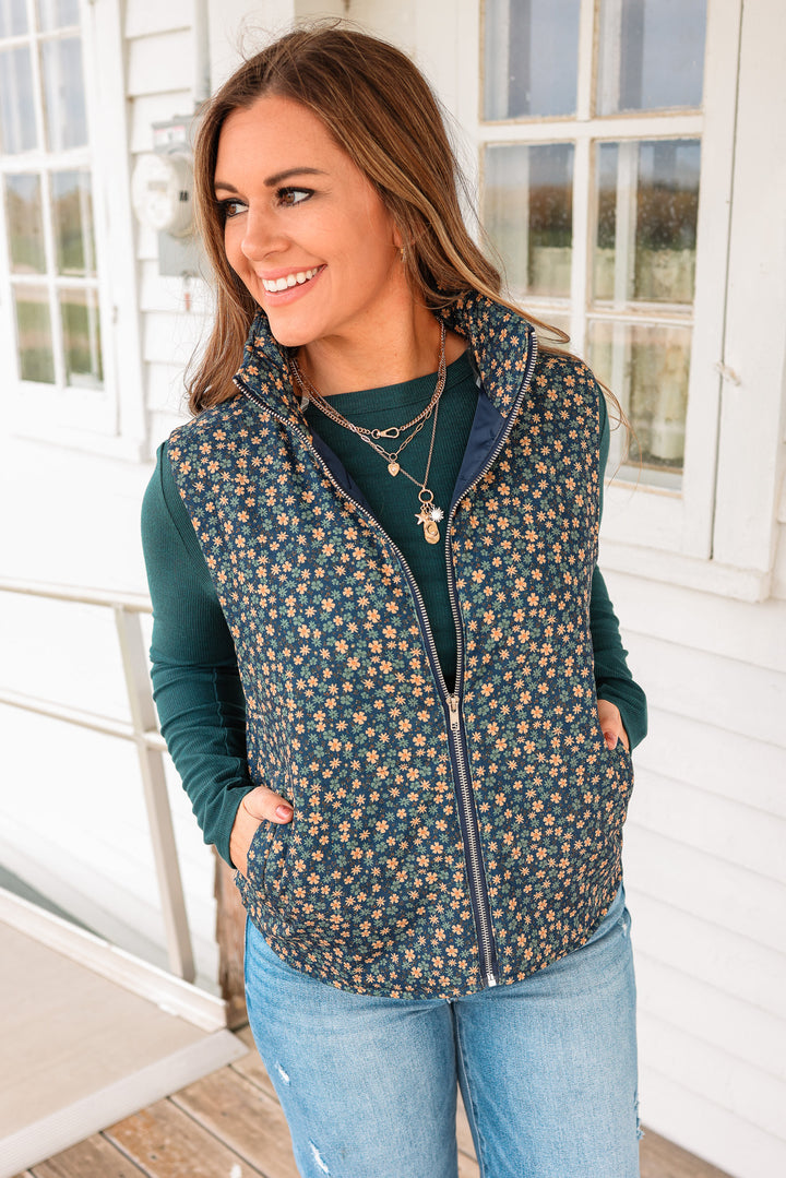 Carlyn Floral Corduroy Vest - Navy