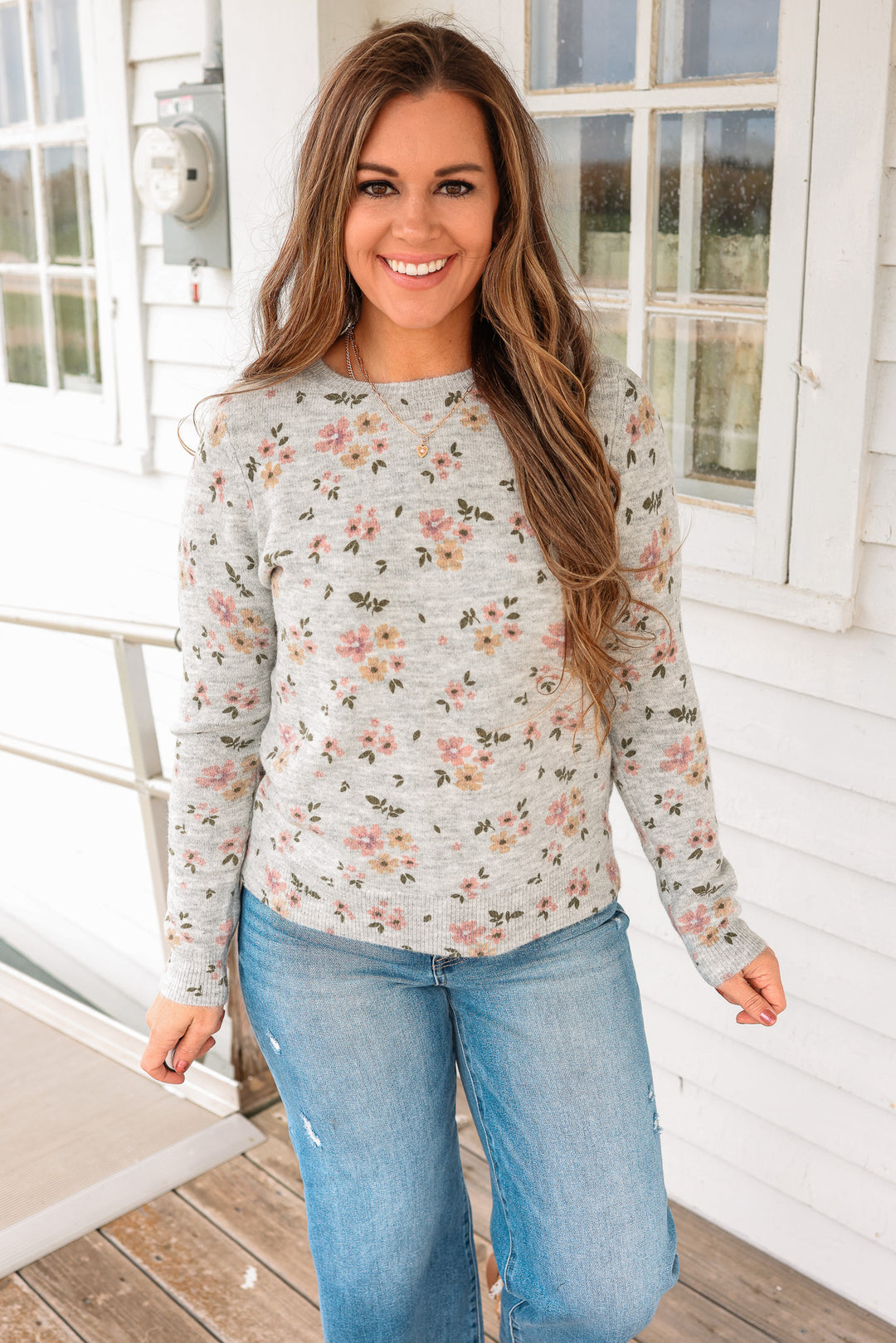 Mila Flower Printed Sweater - Heather Grey
