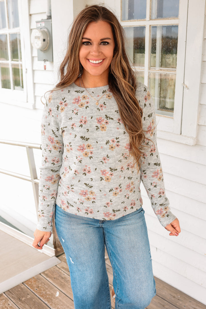 Mila Flower Printed Sweater - Heather Grey