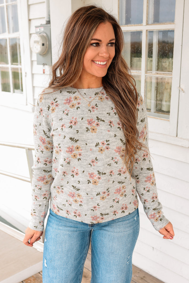 Mila Flower Printed Sweater - Heather Grey
