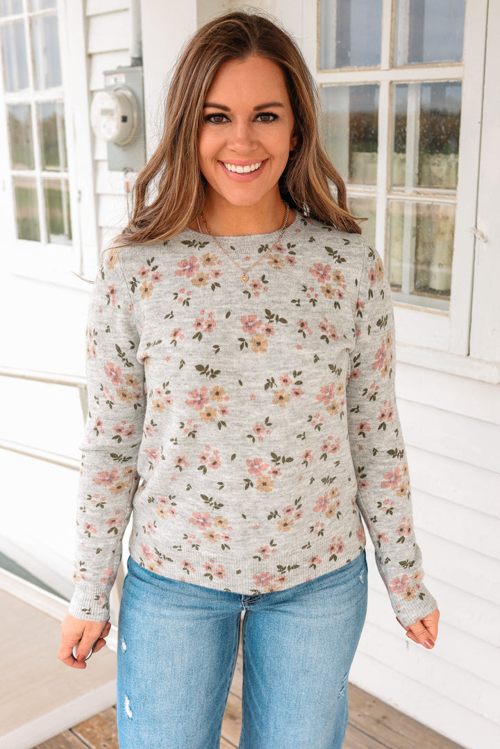 Mila Flower Printed Sweater - Heather Grey