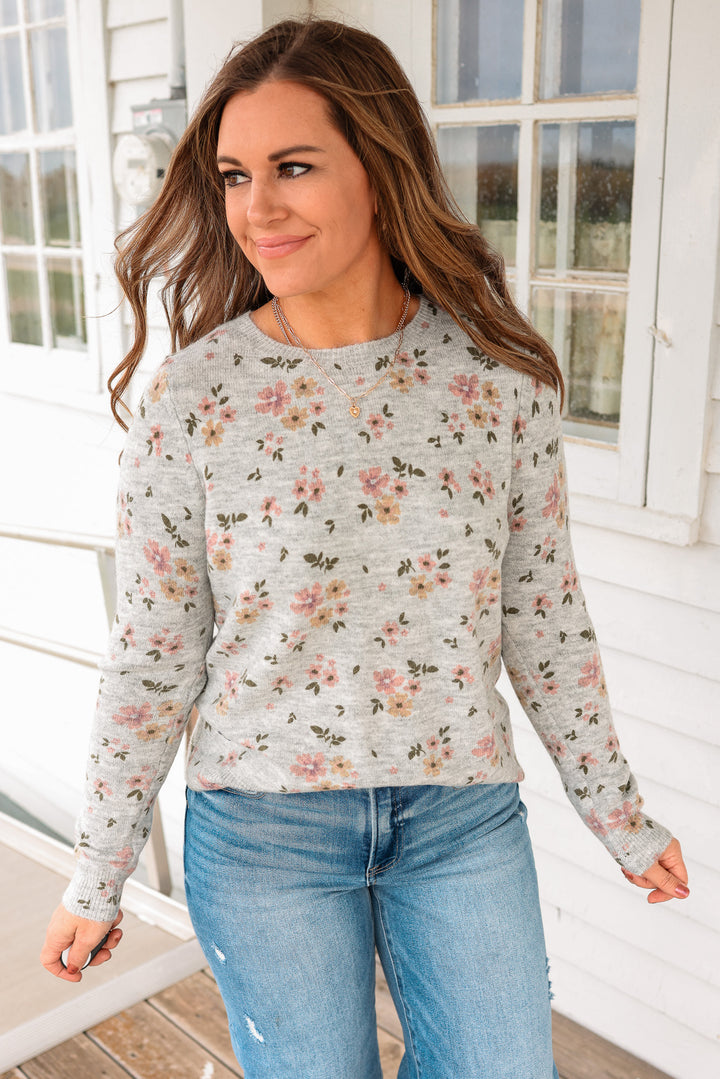 Mila Flower Printed Sweater - Heather Grey