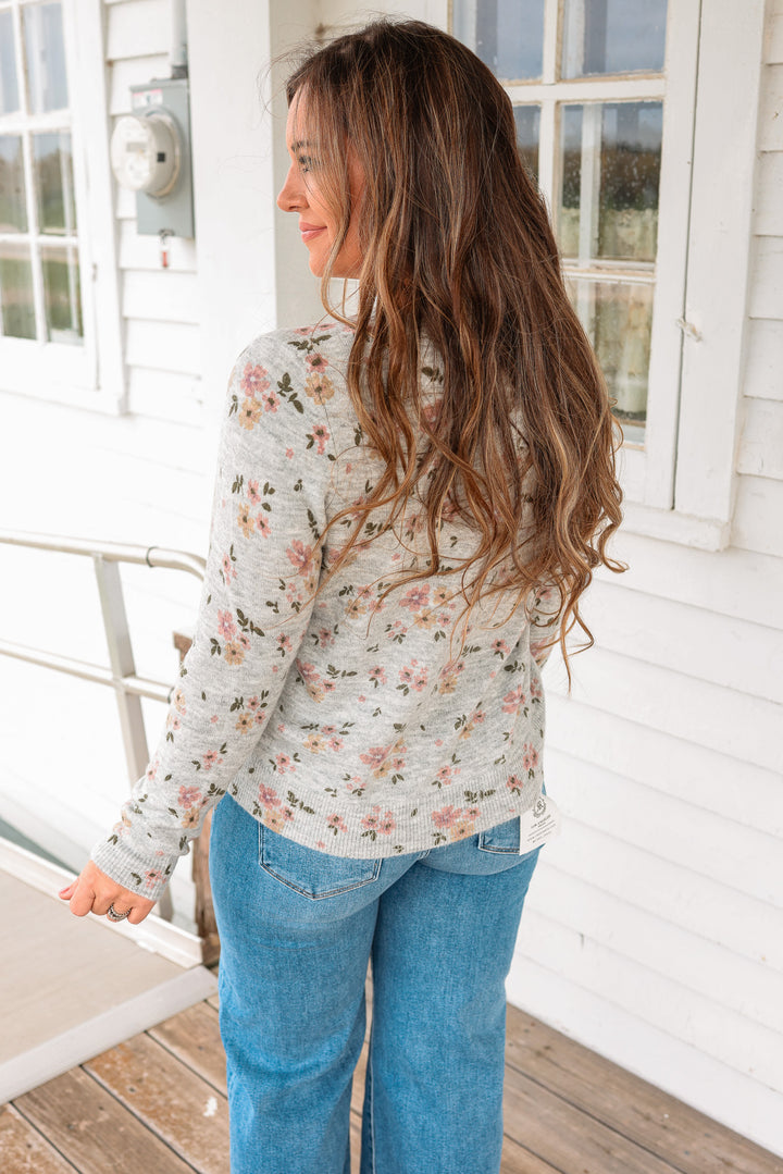 Mila Flower Printed Sweater - Heather Grey