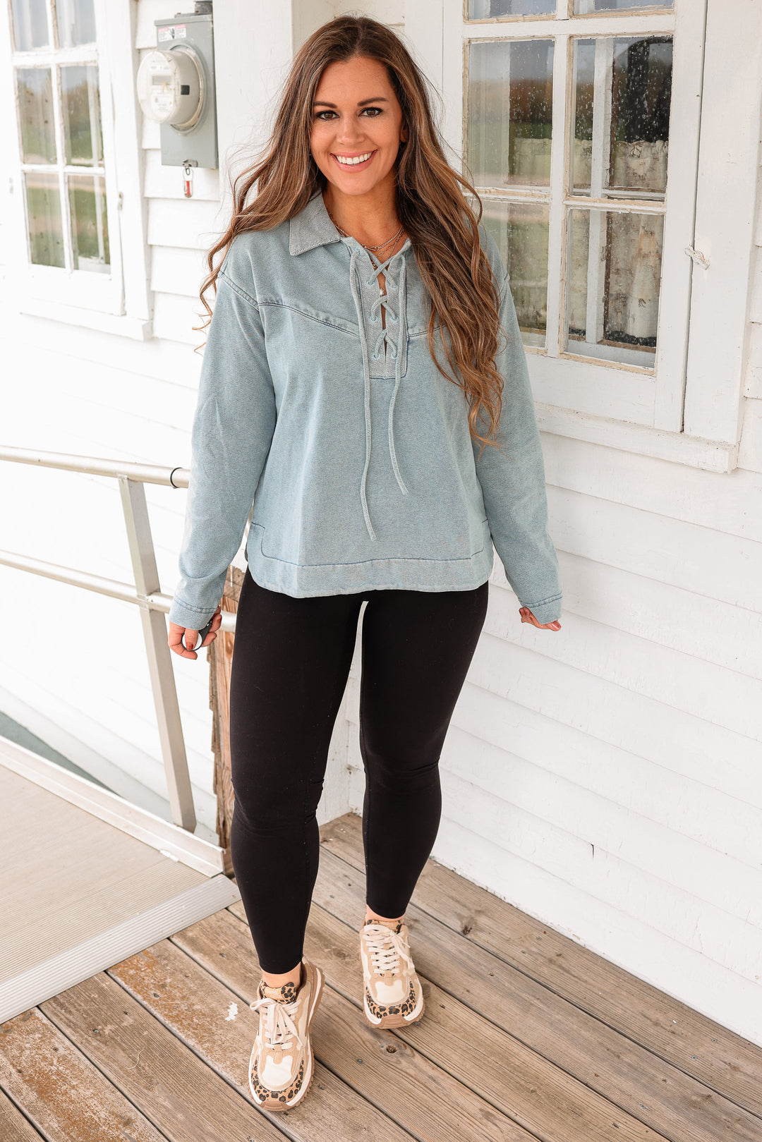Shay Lace-Up Knit Denim Top