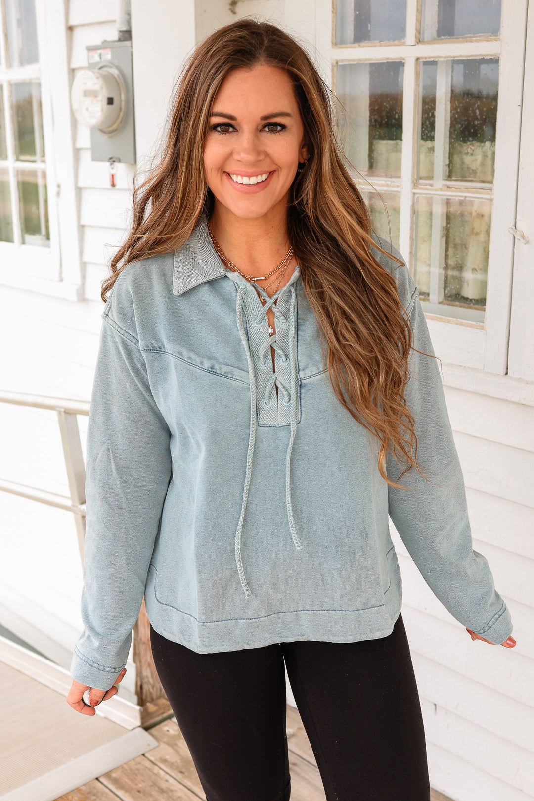 Shay Lace-Up Knit Denim Top