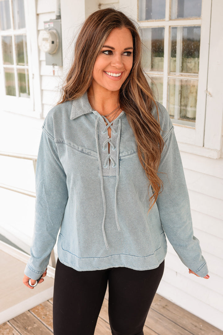 Shay Lace-Up Knit Denim Top