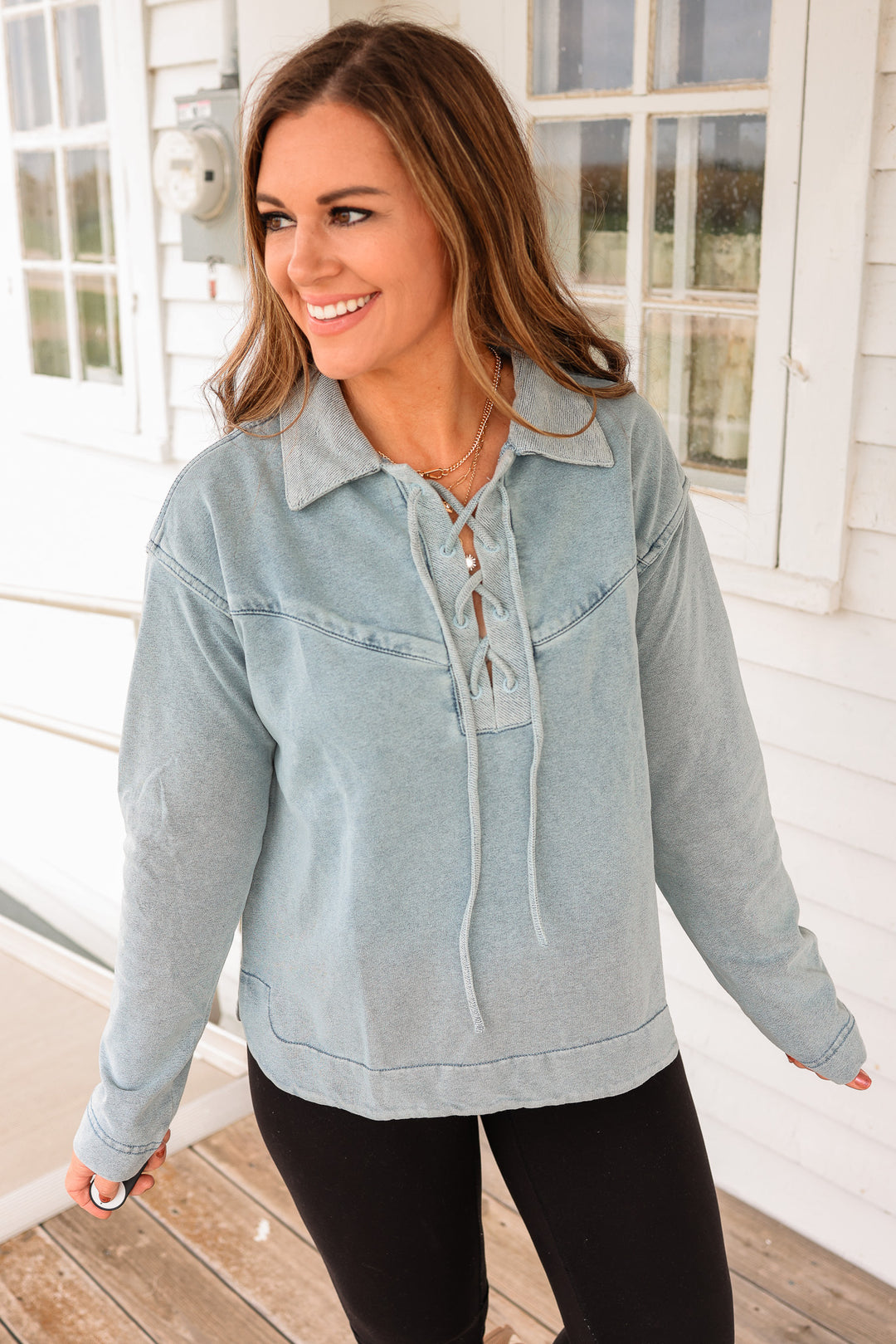 Shay Lace-Up Knit Denim Top
