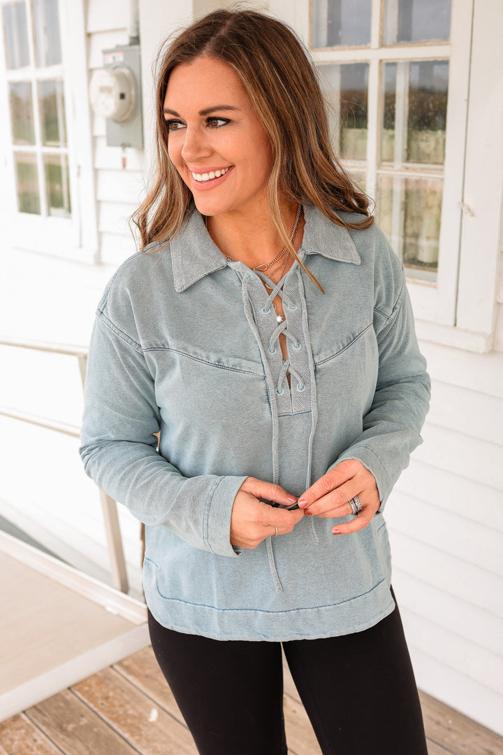 Shay Lace-Up Knit Denim Top