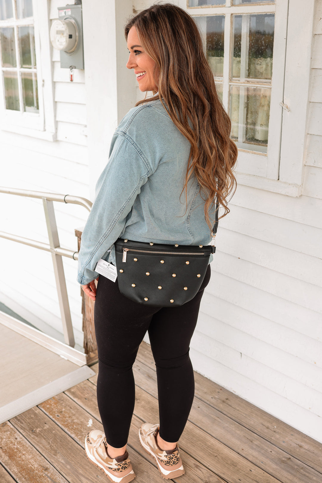 Chic Gold Studded Westlyn Bum Bag - Black