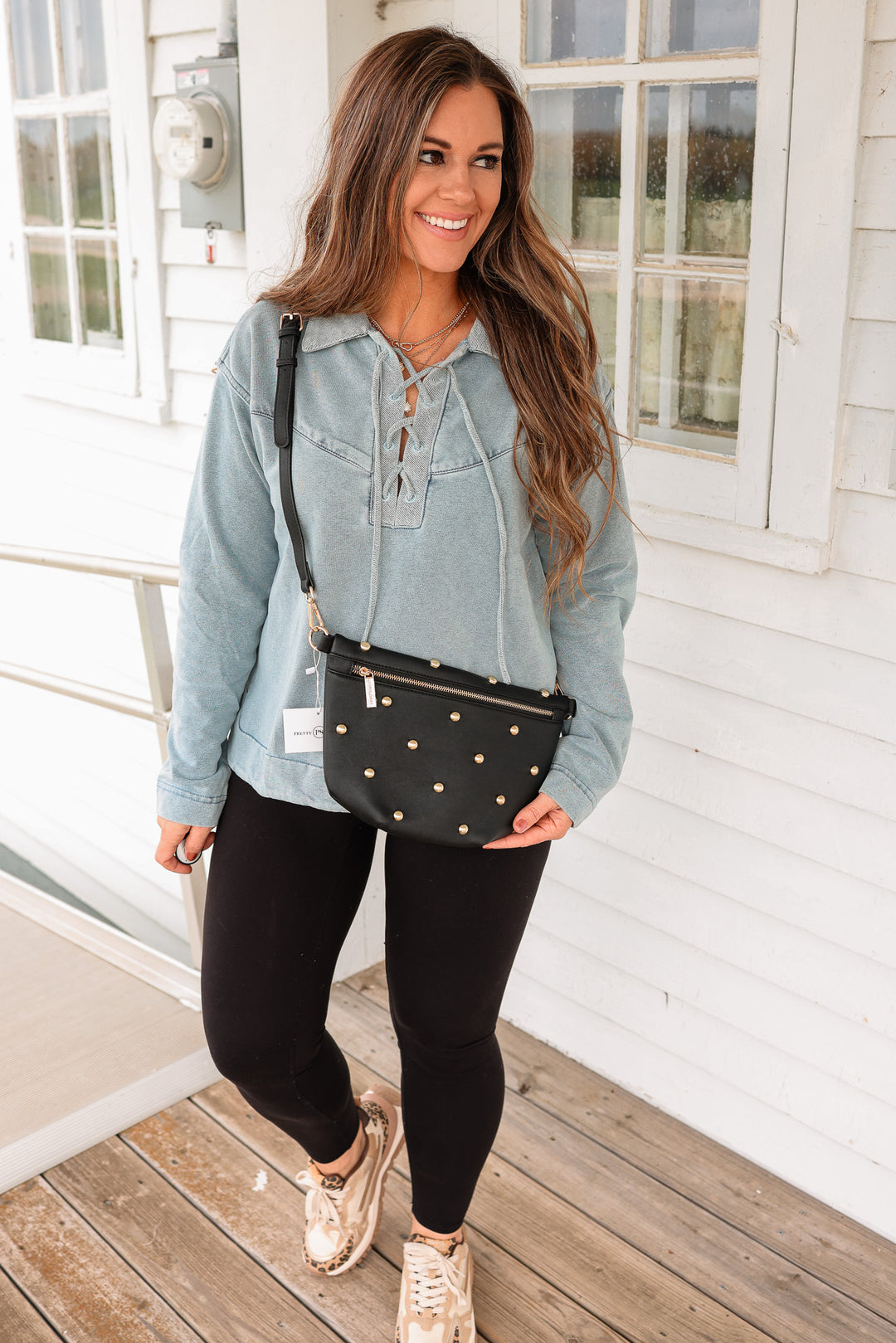 Chic Gold Studded Westlyn Bum Bag - Black