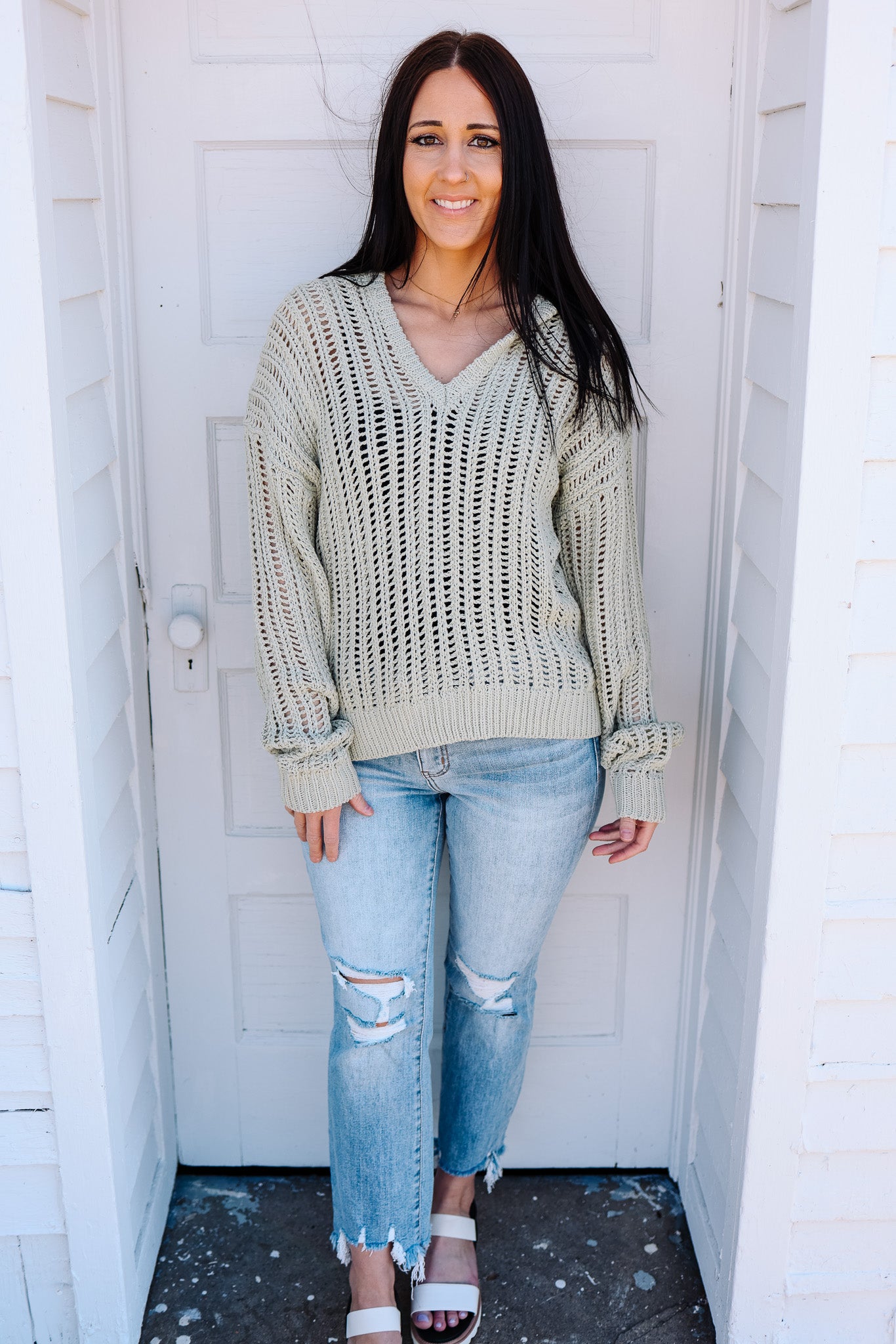 Tessa Open-Knit Hooded Sweater - Sage