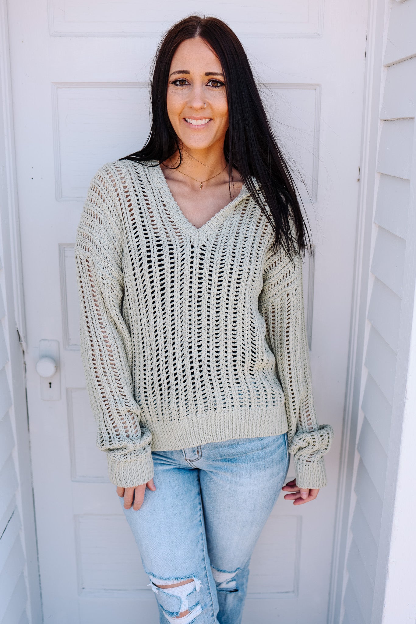 Tessa Open-Knit Hooded Sweater - Sage