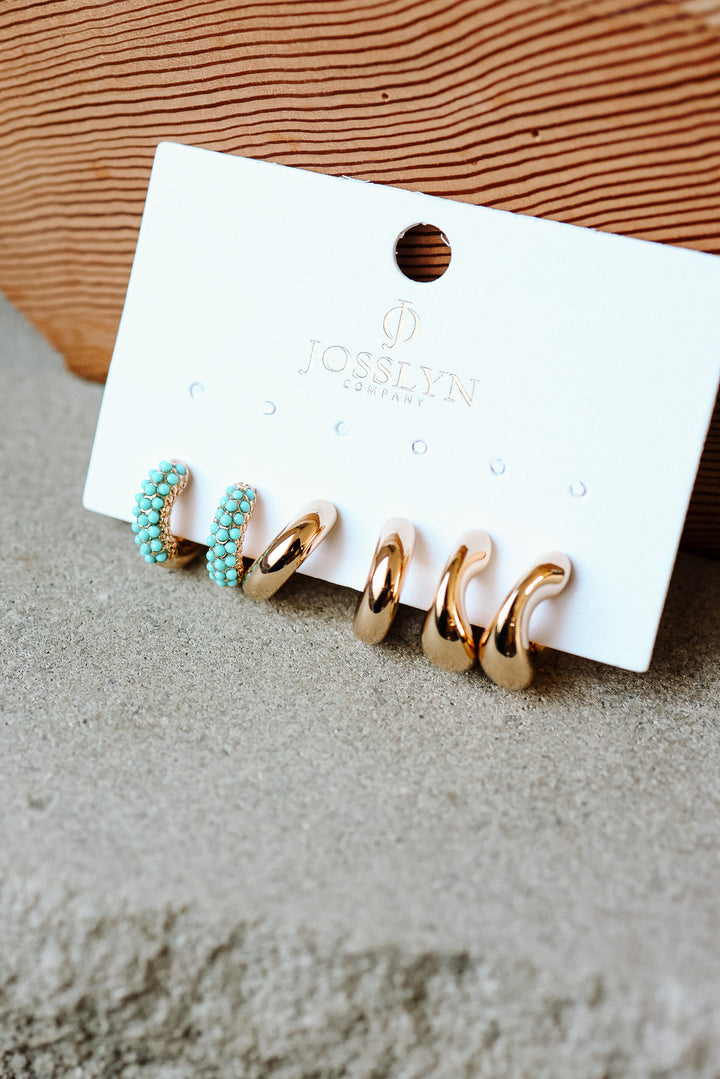 Mini Beaded Turquoise Hoop Trio Earring Set