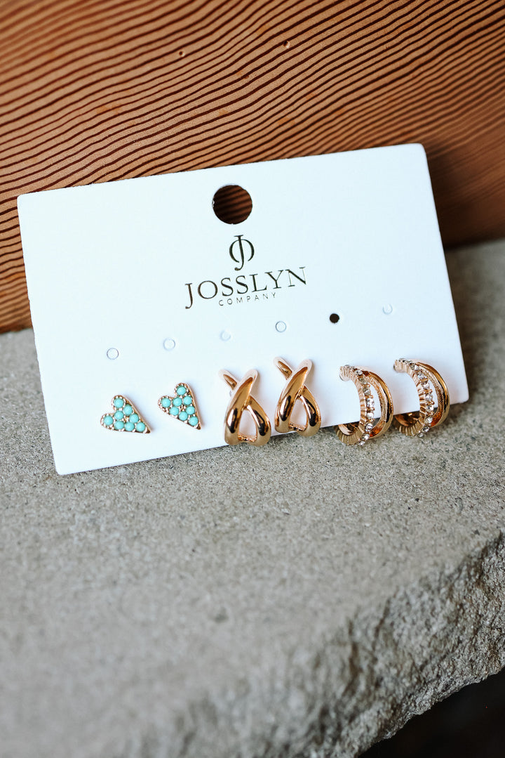 Heart Turquoise & Crystal Mixed Earring Set