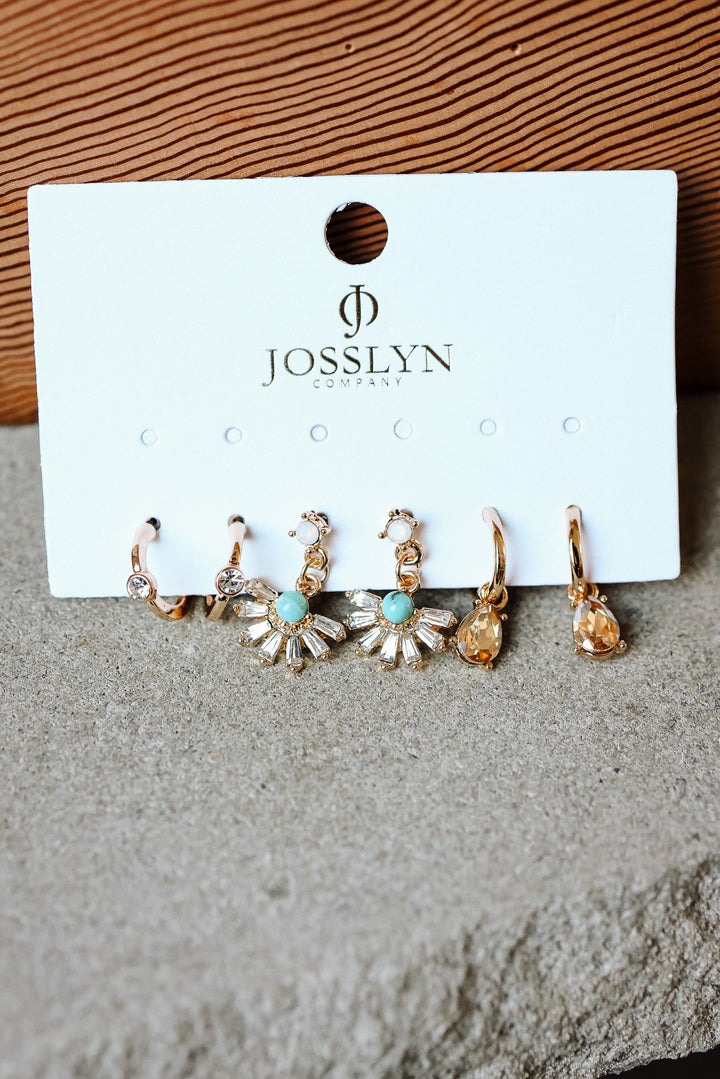 Turquoise Rhinestone Charm Hoop Trio Earring Set