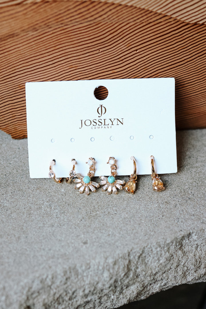 Turquoise Rhinestone Charm Hoop Trio Earring Set