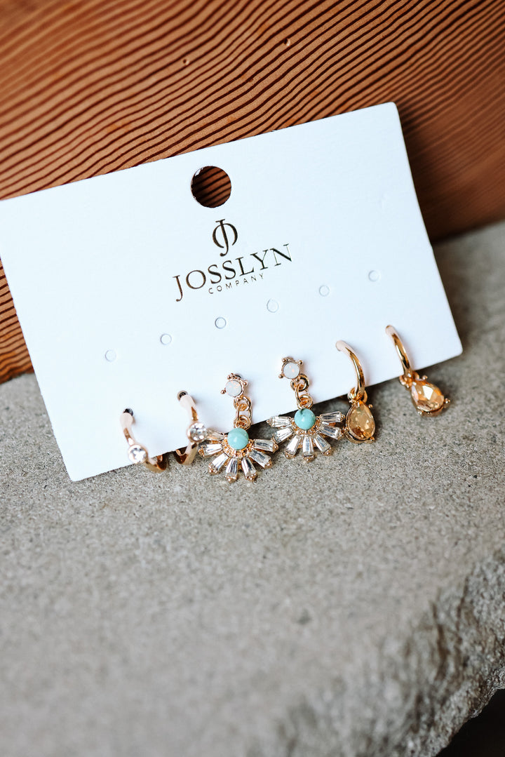 Turquoise Rhinestone Charm Hoop Trio Earring Set