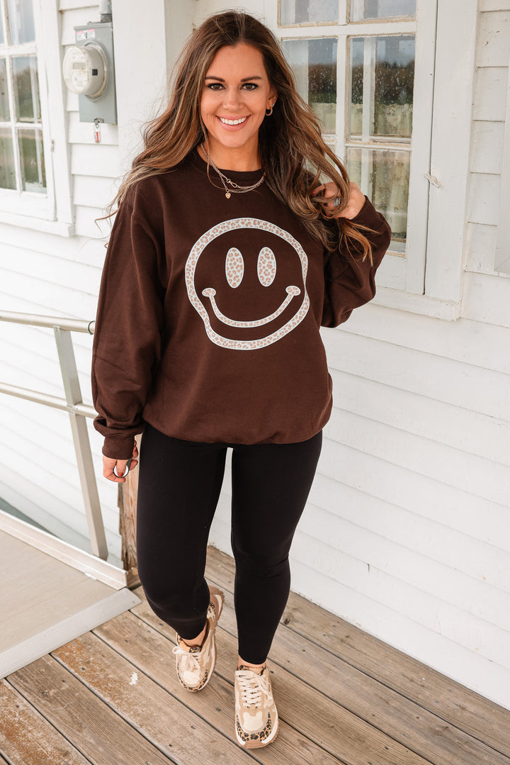 Neutral Leopard Happy Face Graphic Sweatshirt - Chocolate Brown