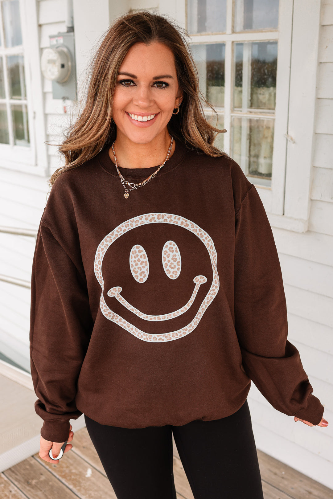 Neutral Leopard Happy Face Graphic Sweatshirt - Chocolate Brown