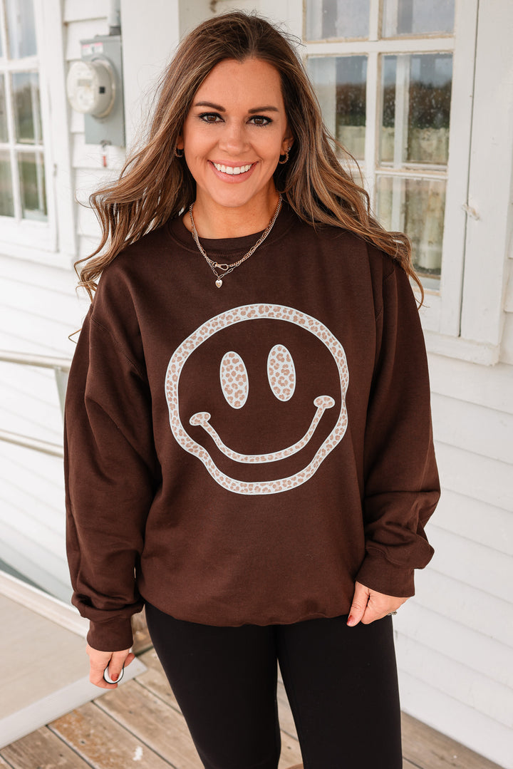 Neutral Leopard Happy Face Graphic Sweatshirt - Chocolate Brown