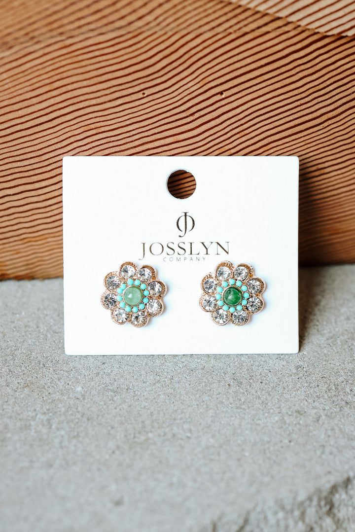Turquoise & Crystal Flower Stud Earrings