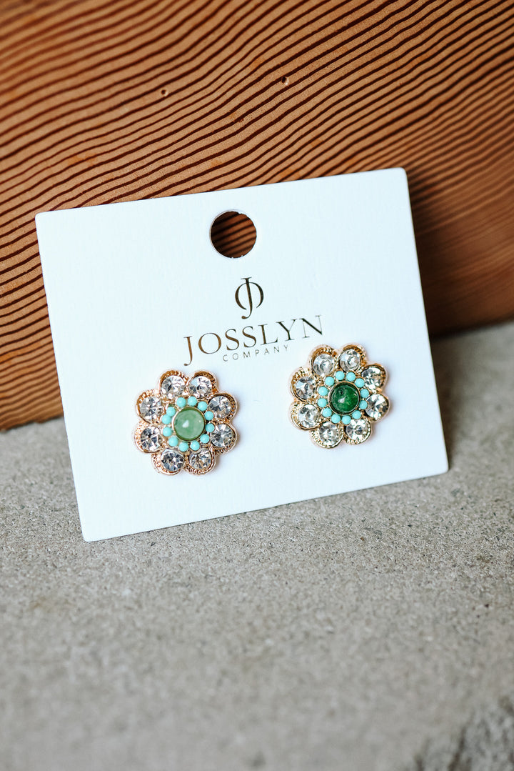 Turquoise & Crystal Flower Stud Earrings
