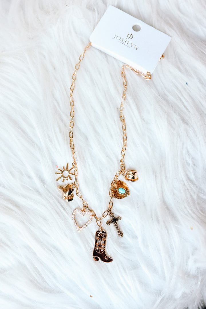 Heart Outline Boot Cross Western Charm Necklace