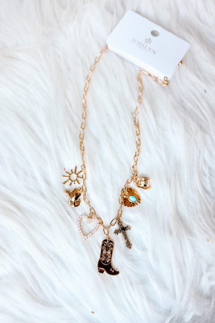 Heart Outline Boot Cross Western Charm Necklace