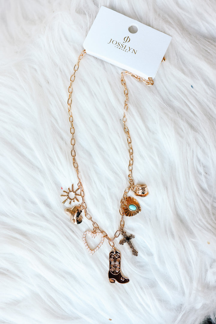 Heart Outline Boot Cross Western Charm Necklace