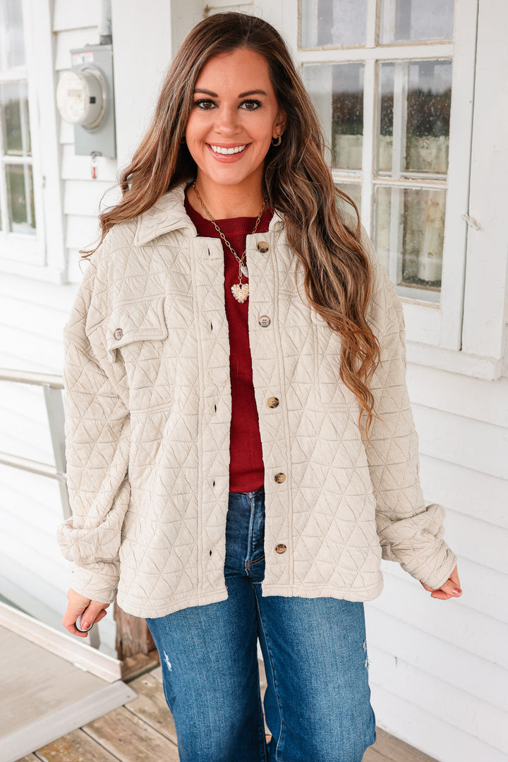 Vienna Quilted Button Down Shacket - Stone