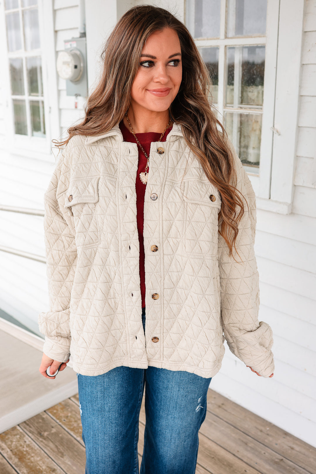 Vienna Quilted Button Down Shacket - Stone