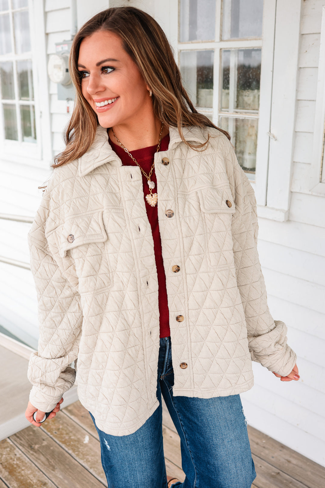 Vienna Quilted Button Down Shacket - Stone