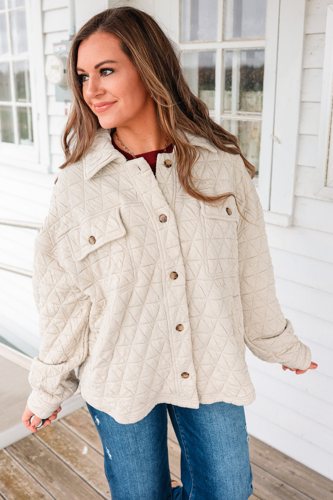 Vienna Quilted Button Down Shacket - Stone