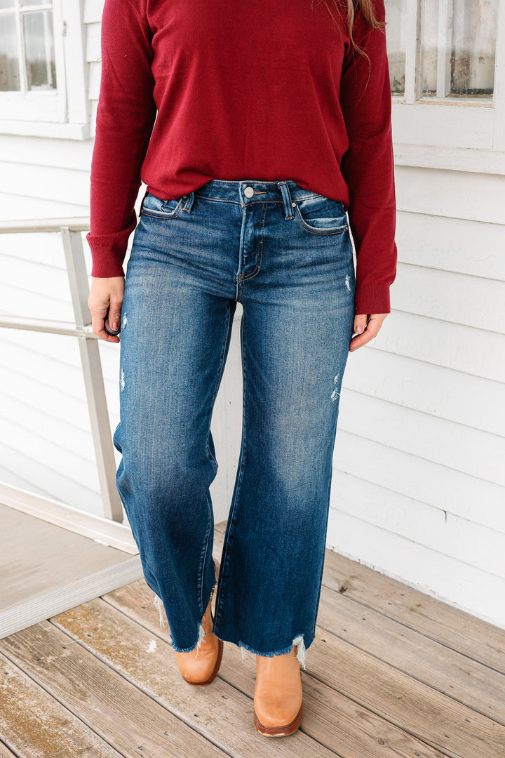 RISEN: Zane Crop Wide Leg Jeans - Dark Wash