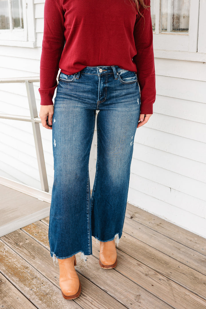 RISEN: Zane Crop Wide Leg Jeans - Dark Wash