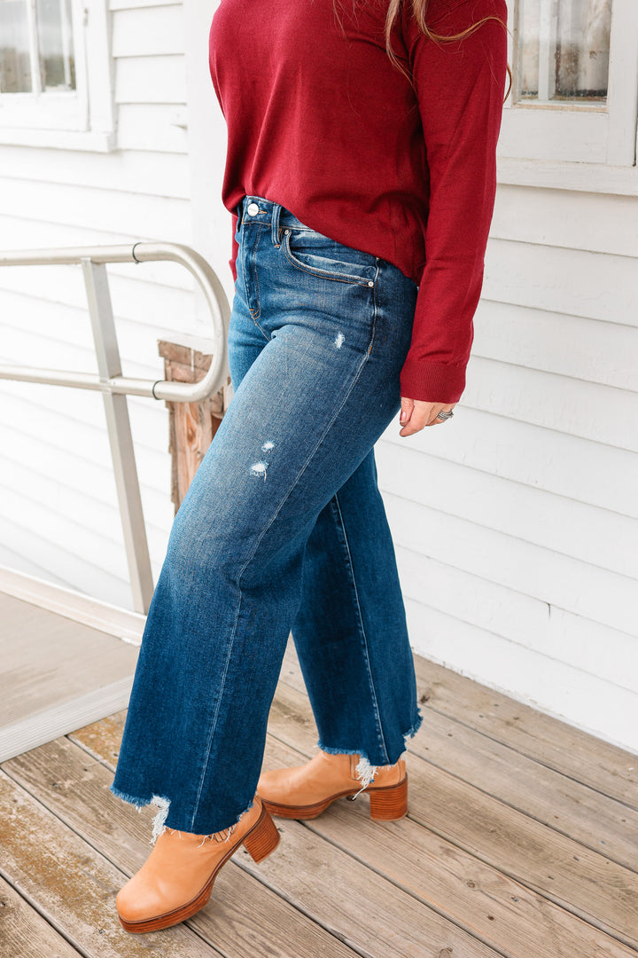 RISEN: Zane Crop Wide Leg Jeans - Dark Wash