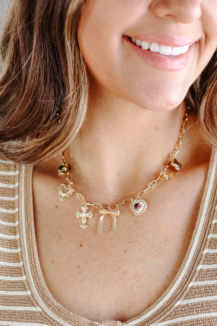 Porcelain Floral Bow Cross Heart Charm Necklace