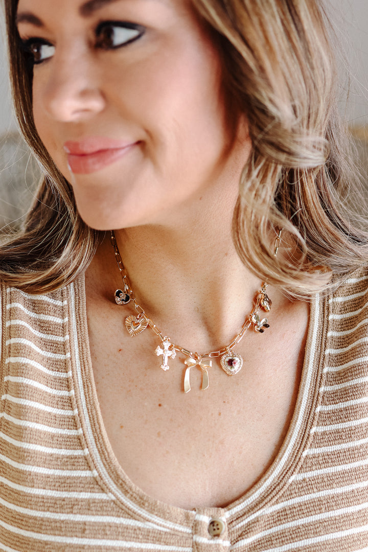 Porcelain Floral Bow Cross Heart Charm Necklace