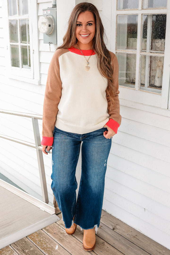Weekend Latte Crewneck Sweater - Ivory/Camel