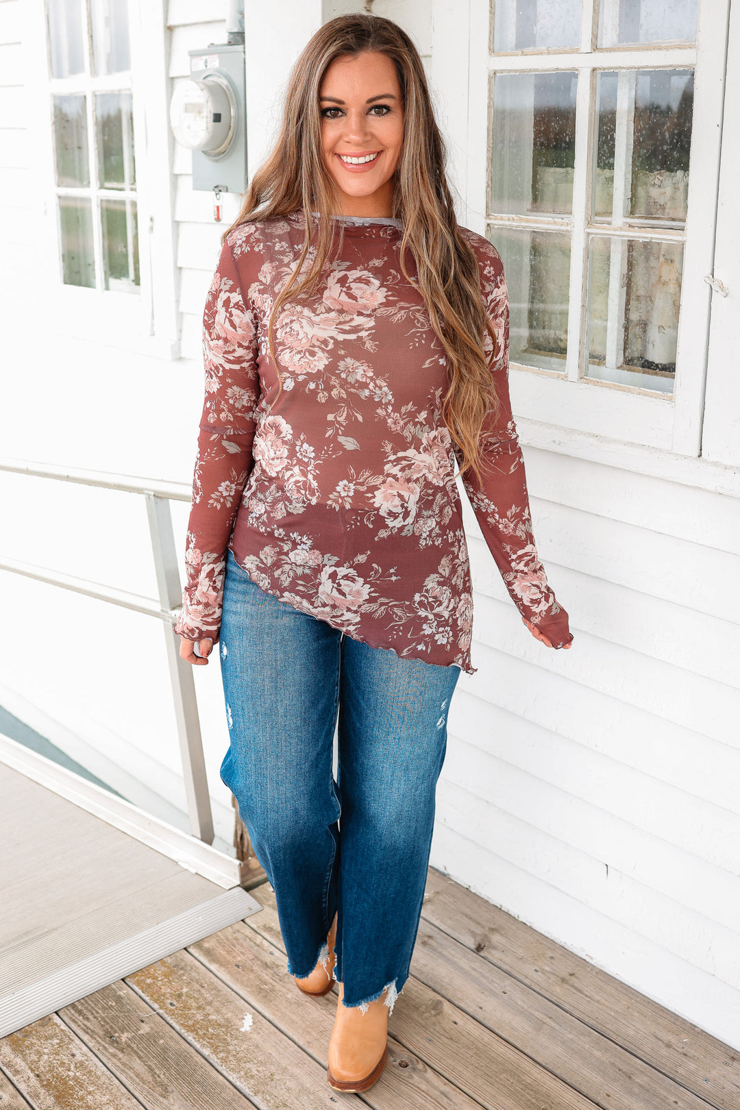 Harlow Floral Frilled Hem Mesh Top