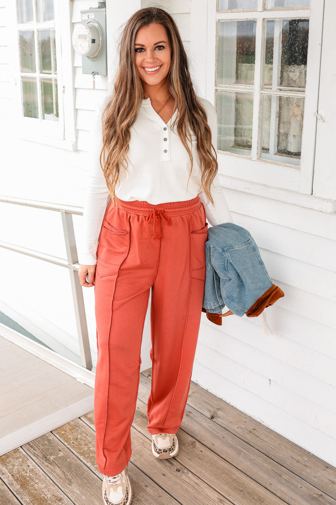 Zaya Barrel Cotton Terry Pants - Washed Red