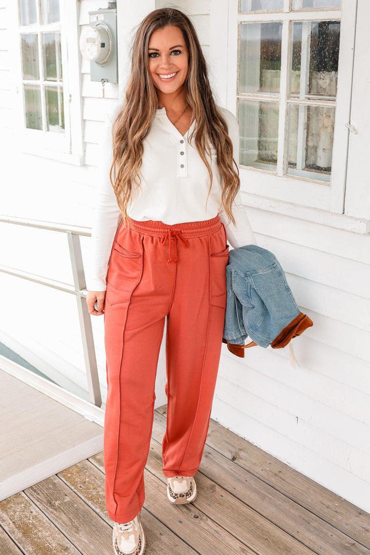 Zaya Barrel Cotton Terry Pants - Washed Red