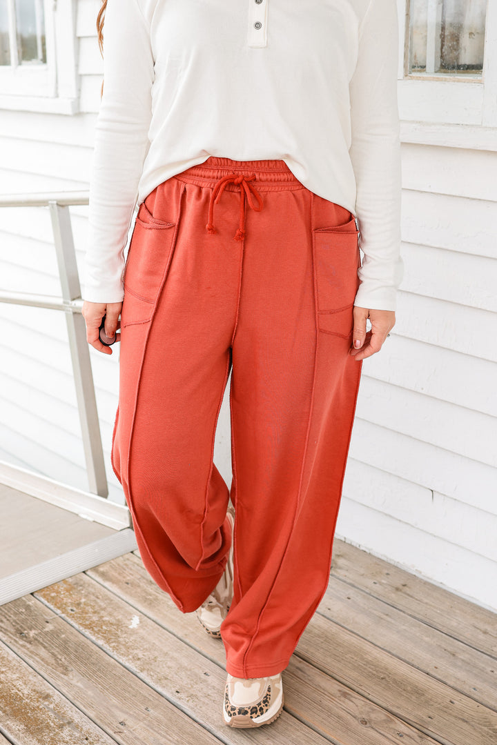 Zaya Barrel Cotton Terry Pants - Washed Red
