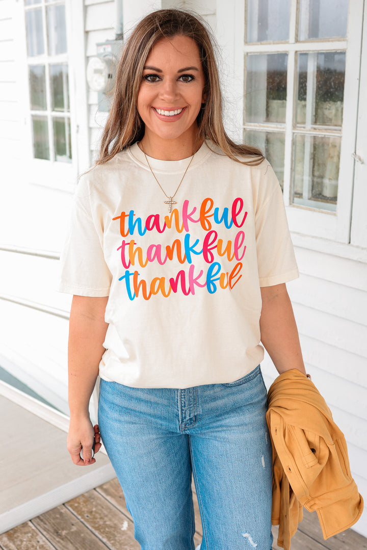 Colorful Thankful x3 Graphic Tee - Ivory